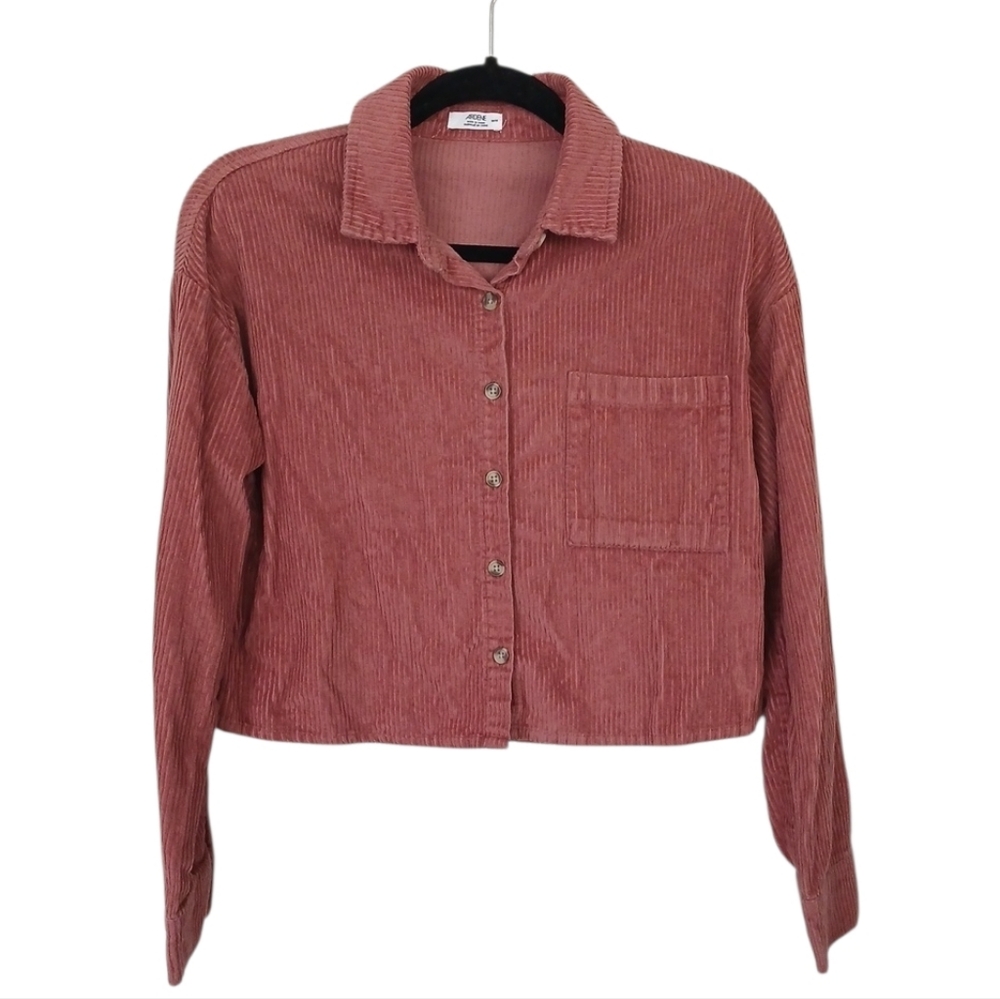 Ardene Salmon Pink Casual Cropped Corduroy Button-Up Shirt 100% Cotton Medium